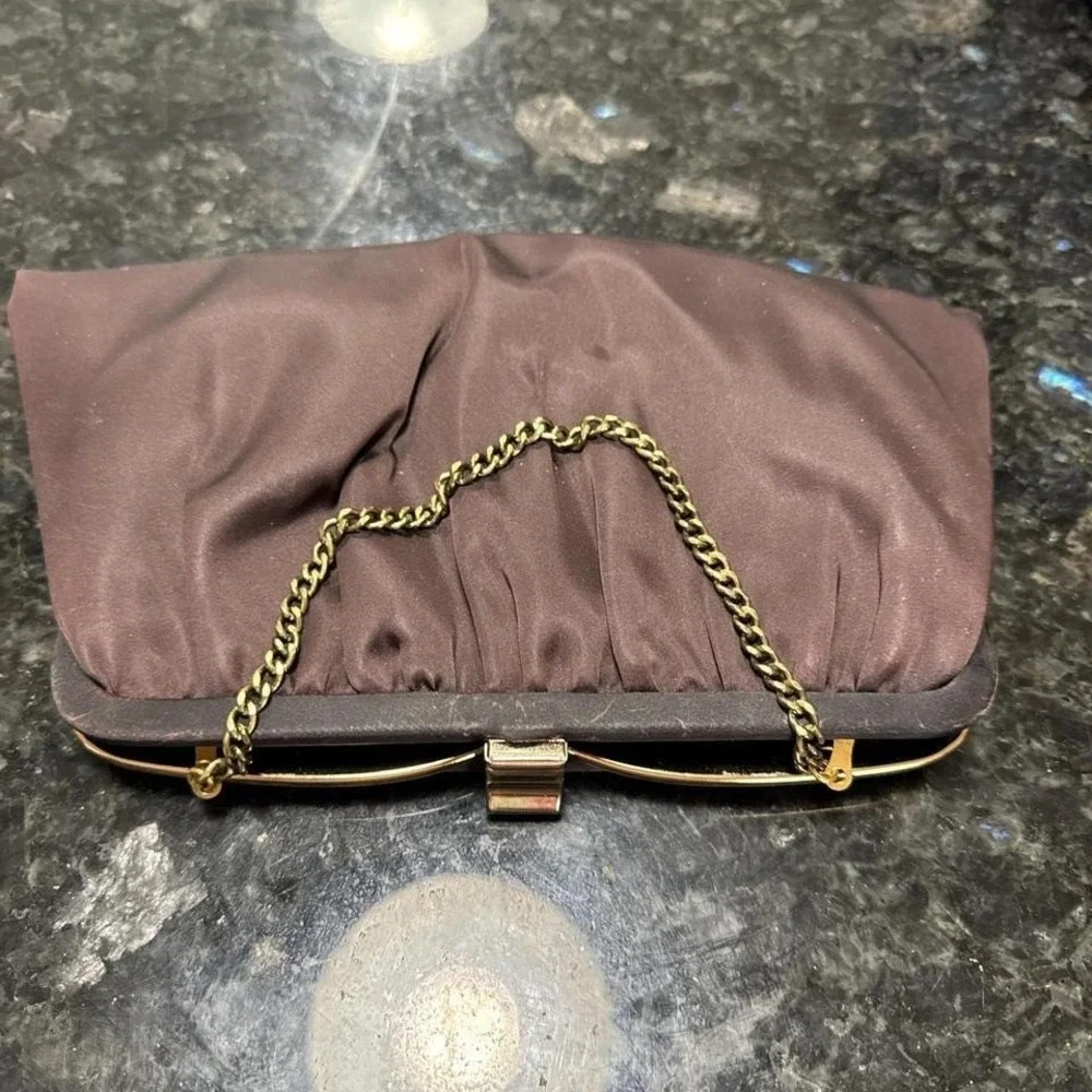Andi‎ Brown Satin Evening Clutch Chain Strap Frame Closure Handbag